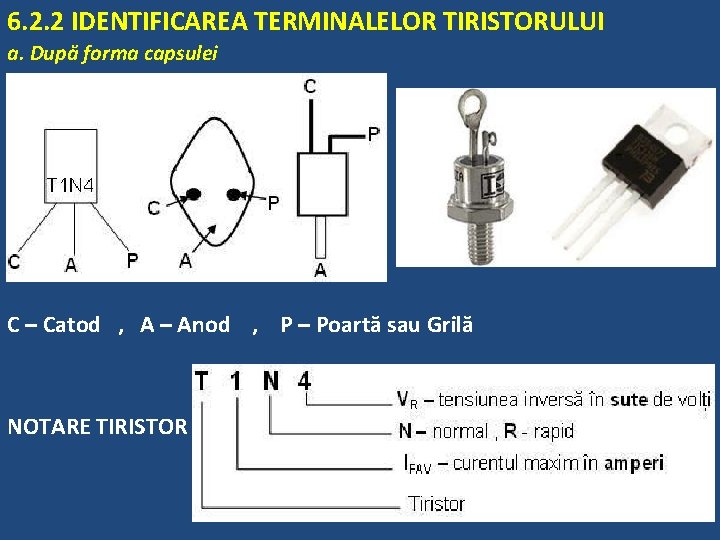 6. 2. 2 IDENTIFICAREA TERMINALELOR TIRISTORULUI a. După forma capsulei C – Catod , 6. 2. 2 IDENTIFICAREA TERMINALELOR TIRISTORULUI a. După forma capsulei C – Catod ,