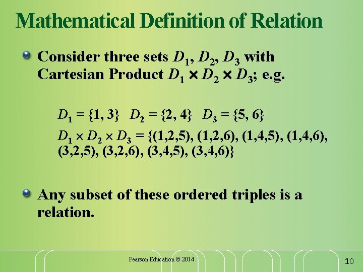 Mathematical Definition of Relation Consider three sets D 1, D 2, D 3 with