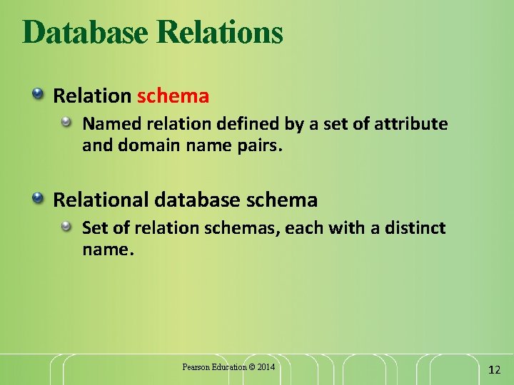 Database Relations Relation schema Named relation defined by a set of attribute and domain