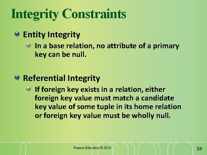 Integrity Constraints Entity Integrity In a base relation, no attribute of a primary key