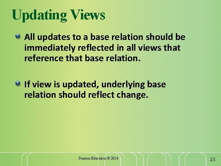 Updating Views All updates to a base relation should be immediately reflected in all