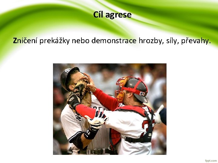 Cíl agrese Zničení prekážky nebo demonstrace hrozby, síly, převahy. Cíl agrese Zničení prekážky nebo demonstrace hrozby, síly, převahy.