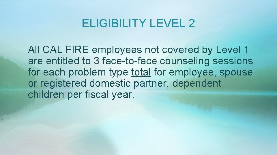 ELIGIBILITY LEVEL 2 All CAL FIRE employees not covered by Level 1 are entitled
