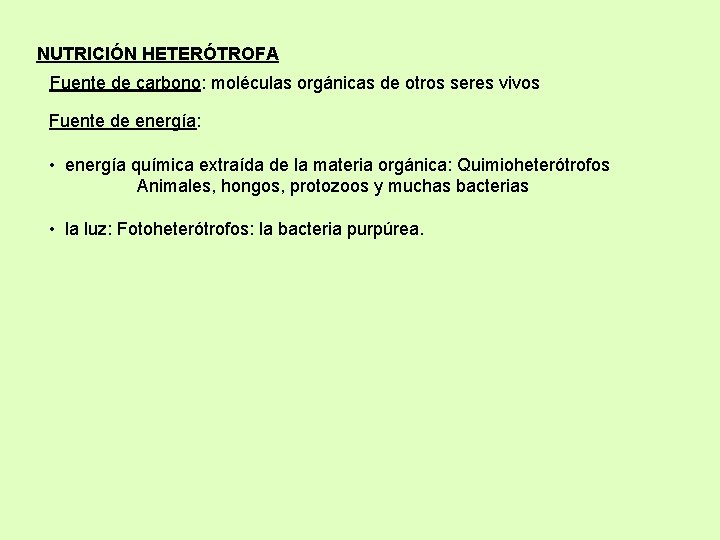 NUTRICIÓN HETERÓTROFA Fuente de carbono: moléculas orgánicas de otros seres vivos Fuente de energía:
