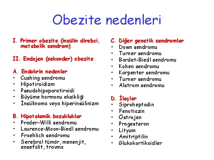 Obezite nedenleri I. Primer obezite (insülin direbci, metabolik sendrom) II. Endojen (sekonder) obezite A.