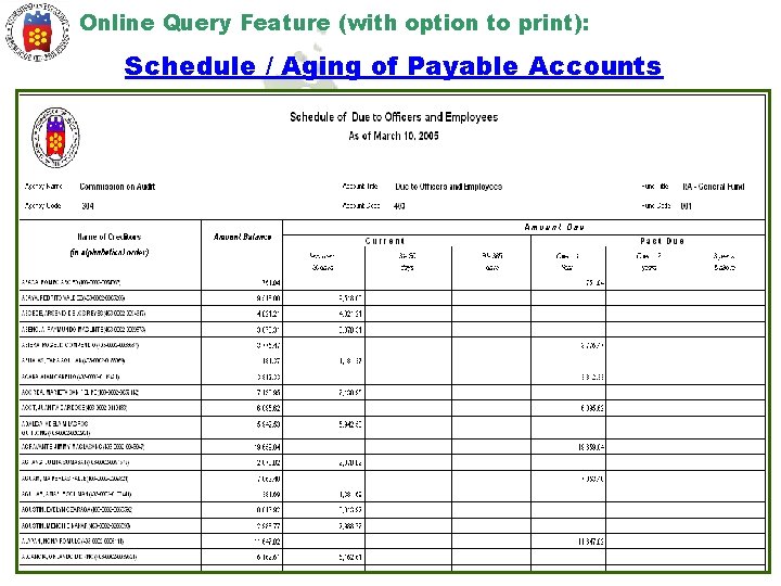 Online Query Feature (with option to print): Schedule / Aging of Payable Accounts 