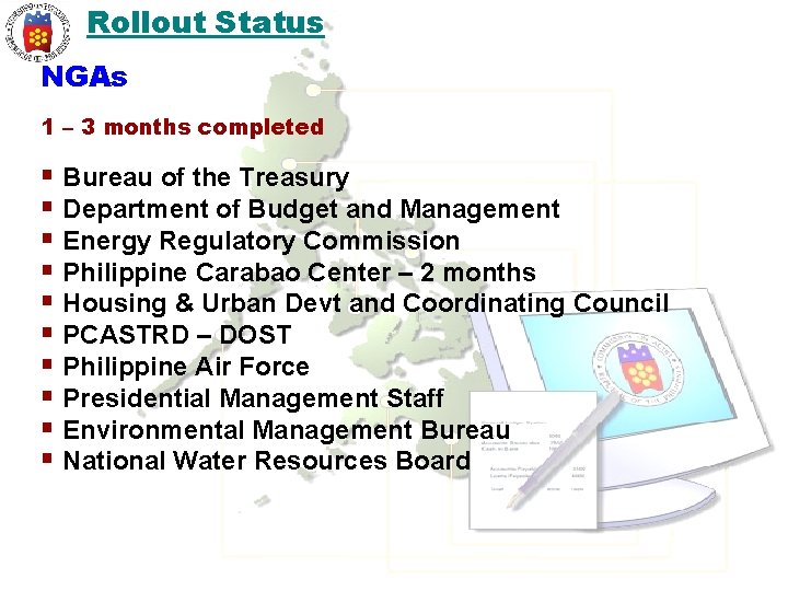 Rollout Status NGAs 1 – 3 months completed § Bureau of the Treasury §