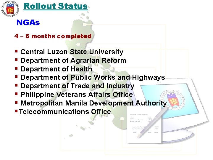 Rollout Status NGAs 4 – 6 months completed § Central Luzon State University §