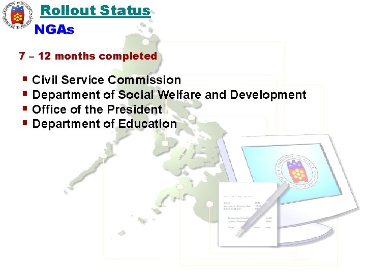 Rollout Status NGAs 7 – 12 months completed § Civil Service Commission § Department