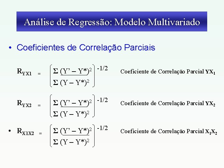 Análise de Regressão: Modelo Multivariado • Coeficientes de Correlação Parciais RYX 1 = Σ