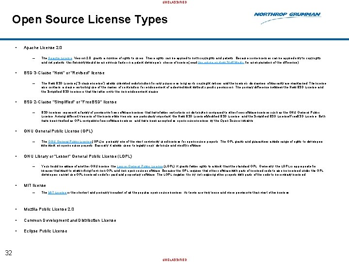 UNCLASSIFIED Open Source License Types • Apache License 2. 0 – • BSD 3