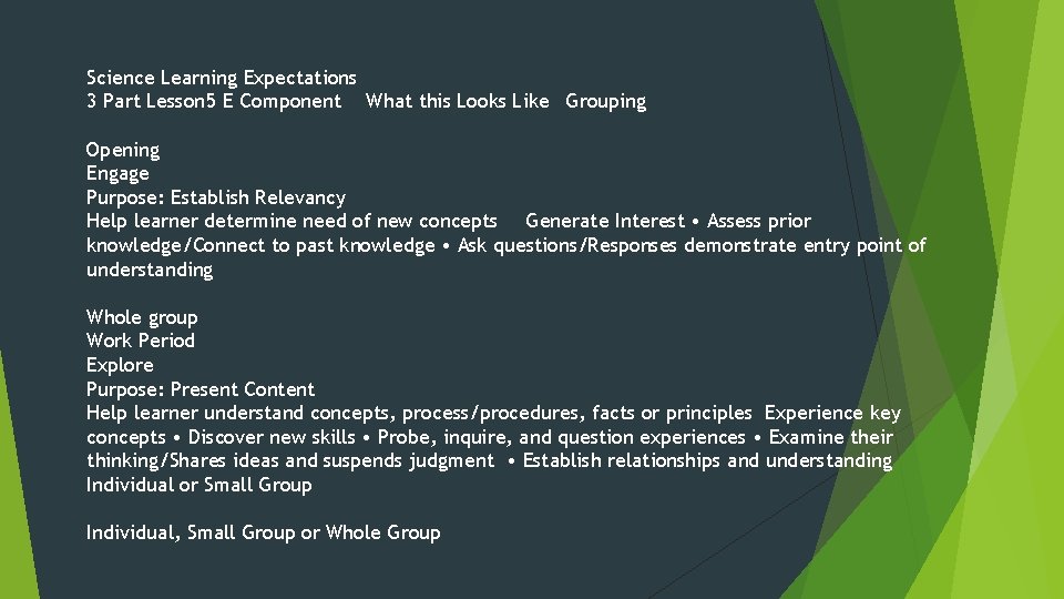 Science Learning Expectations 3 Part Lesson 5 E Component What this Looks Like Grouping Science Learning Expectations 3 Part Lesson 5 E Component What this Looks Like Grouping