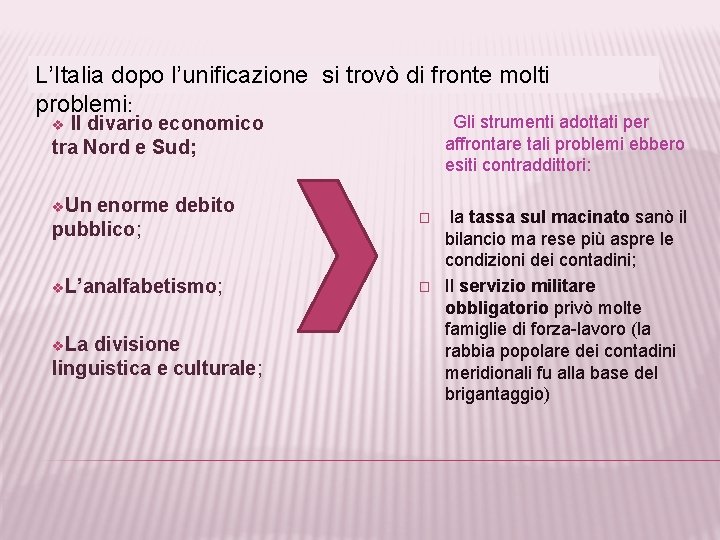 L’Italia dopo l’unificazione si trovò di fronte molti problemi: Gli strumenti adottati per affrontare