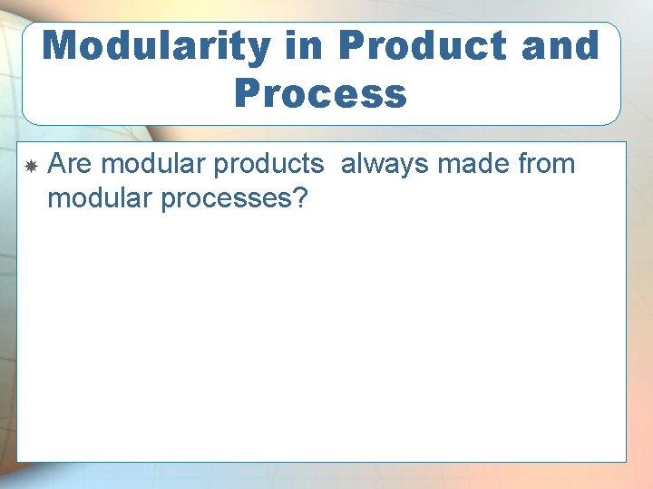 Modularity in Product and Process Are modular products always made from modular processes? 