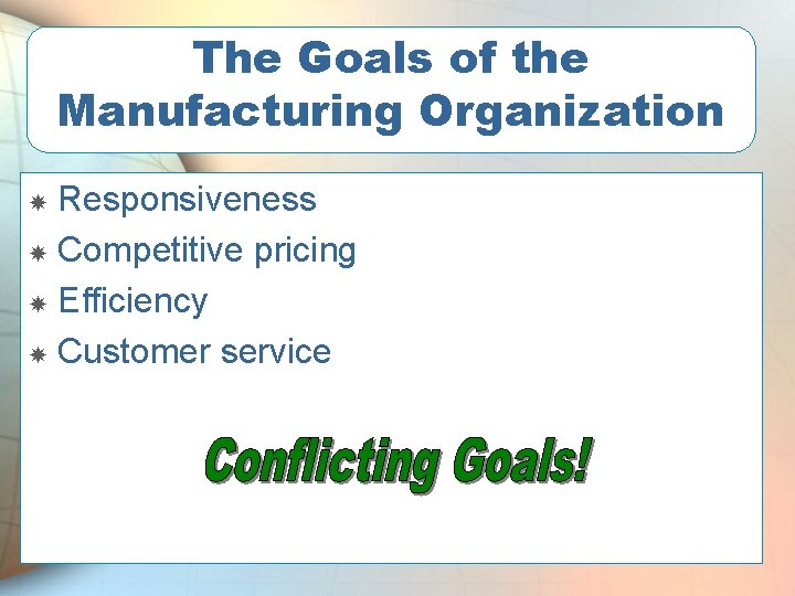 The Goals of the Manufacturing Organization Responsiveness Competitive pricing Efficiency Customer service 