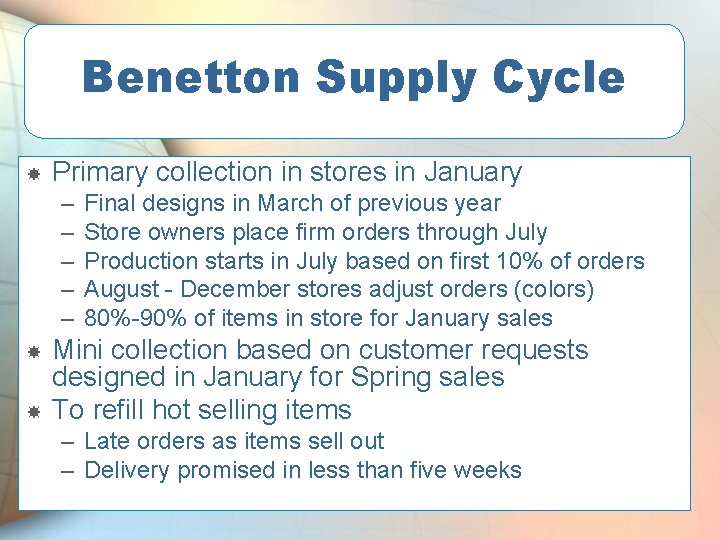 Benetton Supply Cycle Primary collection in stores in January – – – Final designs