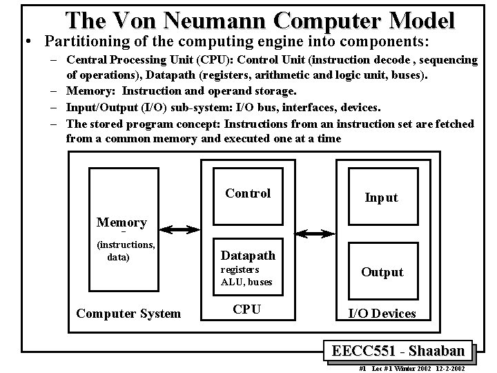 The Von Neumann Computer Model • Partitioning of the computing engine into components: –