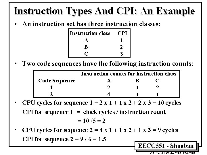 Instruction Types And CPI: An Example • An instruction set has three instruction classes: