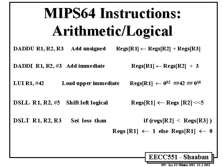 MIPS 64 Instructions: Arithmetic/Logical DADDU R 1, R 2, R 3 Add unsigned Regs[R
