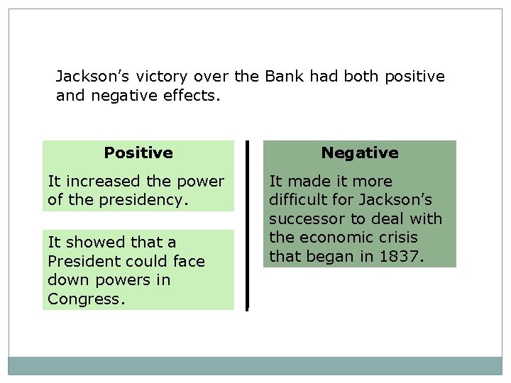 Jackson’s victory over the Bank had both positive and negative effects. Positive Negative It