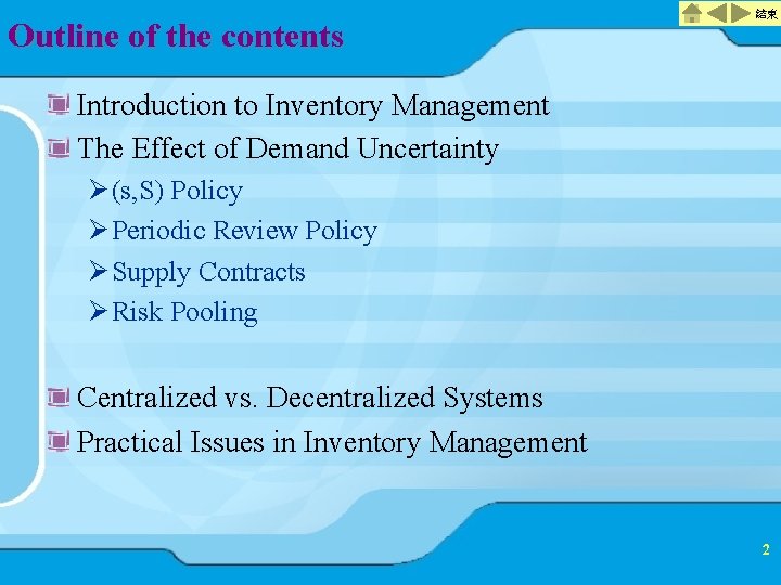 Outline of the contents 結束 Introduction to Inventory Management The Effect of Demand Uncertainty