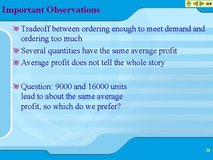 Important Observations 結束 Tradeoff between ordering enough to meet demand ordering too much Several