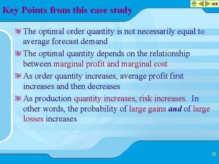 Key Points from this case study 結束 The optimal order quantity is not necessarily