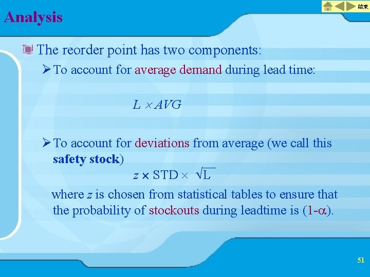 結束 Analysis The reorder point has two components: Ø To account for average demand