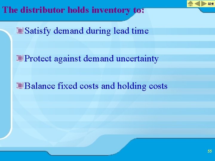 The distributor holds inventory to: 結束 Satisfy demand during lead time Protect against demand