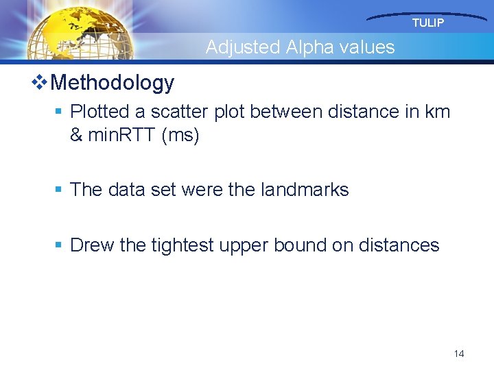 TULIP Adjusted Alpha values v. Methodology § Plotted a scatter plot between distance in