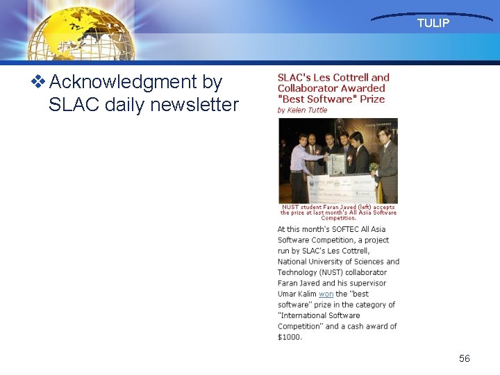 TULIP v Acknowledgment by SLAC daily newsletter 56 