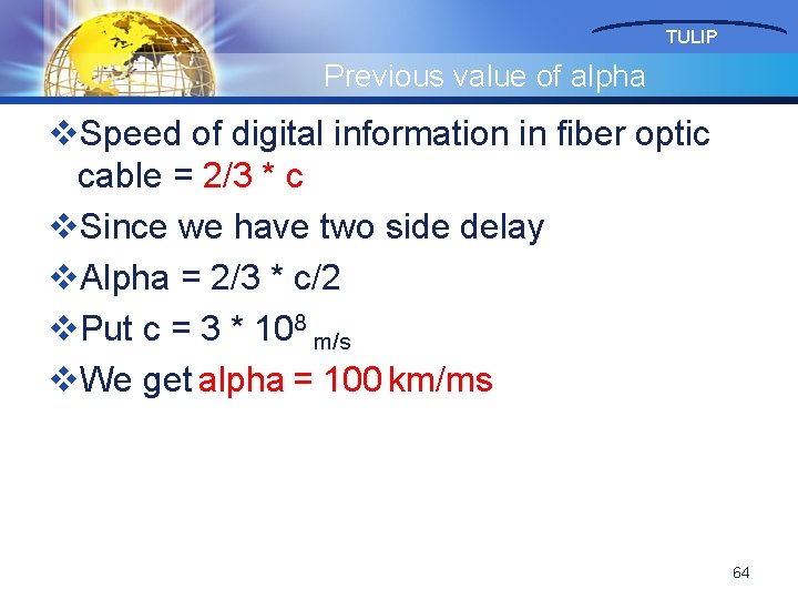 TULIP Previous value of alpha v. Speed of digital information in fiber optic cable