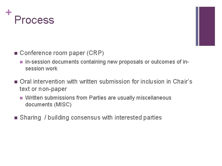 + Process n Conference room paper (CRP) n n Oral intervention with written submission