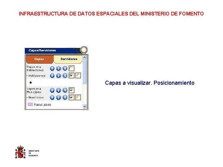 INFRAESTRUCTURA DE DATOS ESPACIALES DEL MINISTERIO DE FOMENTO Capas a visualizar. Posicionamiento MINISTERIO DE