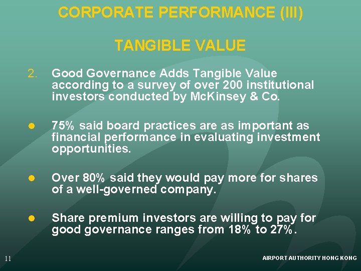 CORPORATE PERFORMANCE (III) TANGIBLE VALUE 11 2. Good Governance Adds Tangible Value according to