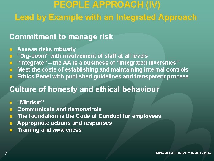 PEOPLE APPROACH (IV) Lead by Example with an Integrated Approach Commitment to manage risk