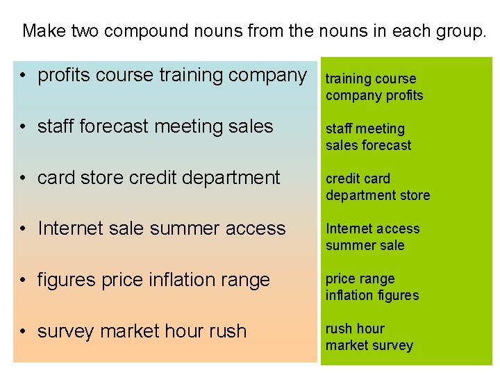 Make two compound nouns from the nouns in each group. • profits course training