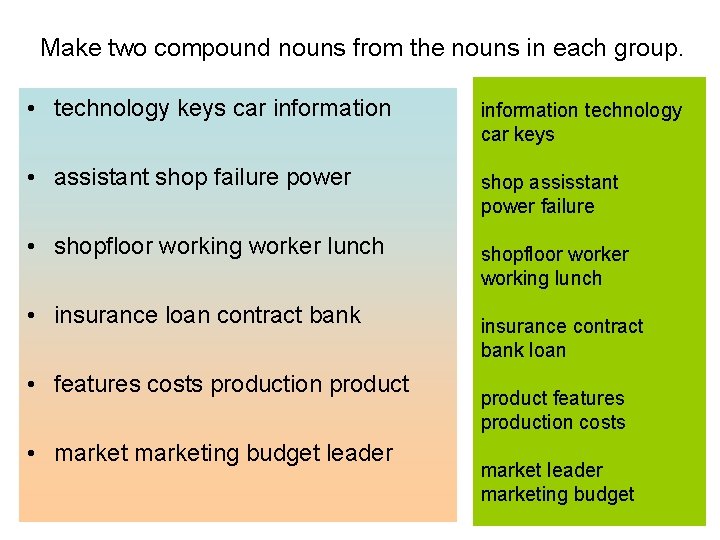 Make two compound nouns from the nouns in each group. • technology keys car