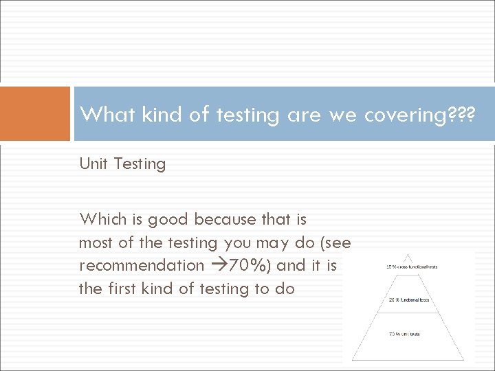 What kind of testing are we covering? ? ? Unit Testing Which is good