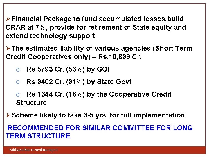 ØFinancial Package to fund accumulated losses, build CRAR at 7%, provide for retirement of