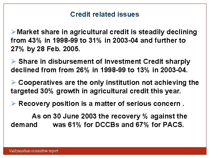 Credit related issues ØMarket share in agricultural credit is steadily declining from 43% in