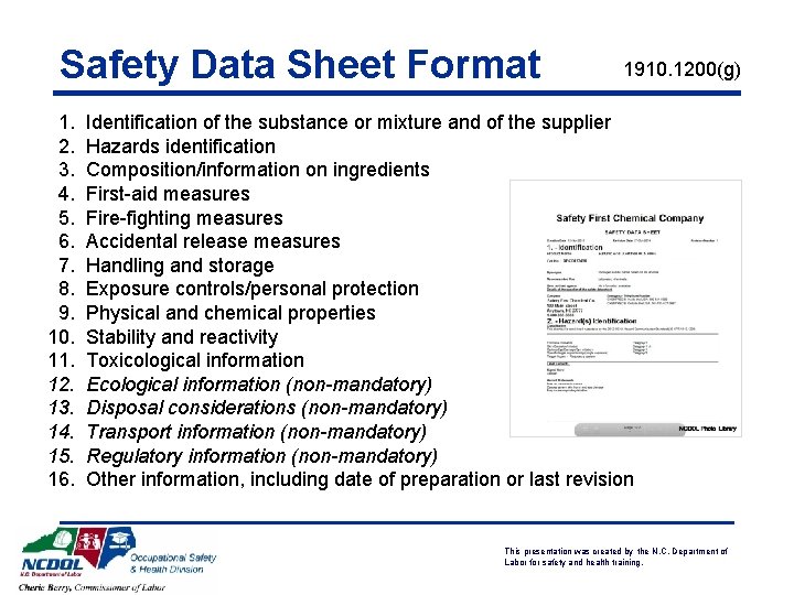 Safety Data Sheet Format 1910. 1200(g) 1. Identification of the substance or mixture and