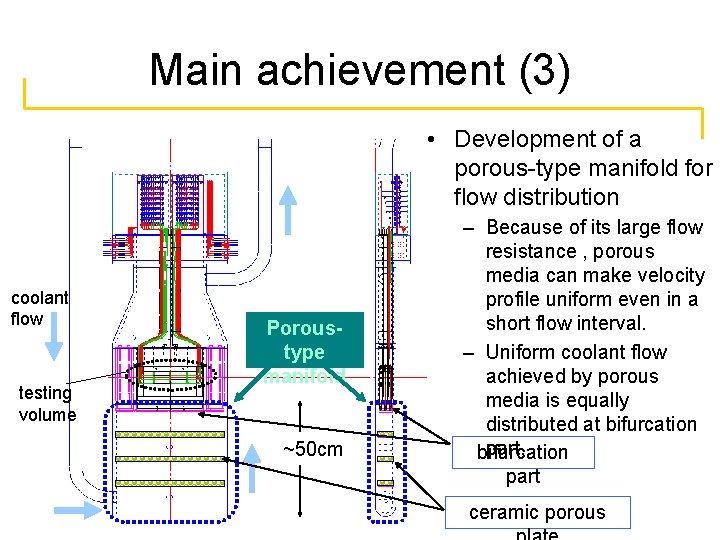Main achievement (3) • Development of a porous-type manifold for flow distribution coolant flow