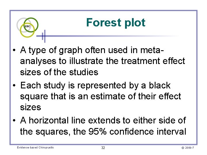 Forest plot • A type of graph often used in metaanalyses to illustrate the