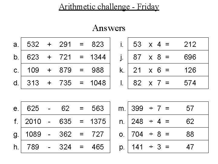 Arithmetic challenge - Friday Answers a. 532 + 291 = 823 i. 53 x Arithmetic challenge - Friday Answers a. 532 + 291 = 823 i. 53 x