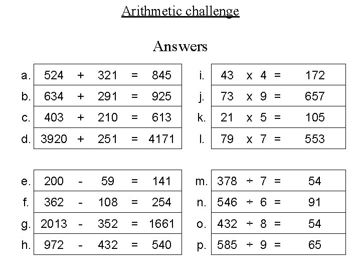 Arithmetic challenge Answers a. 524 + 321 = 845 i. 43 x 4 = Arithmetic challenge Answers a. 524 + 321 = 845 i. 43 x 4 =