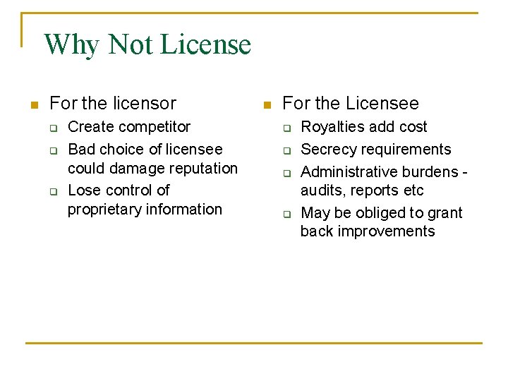 Why Not License n For the licensor q q q Create competitor Bad choice