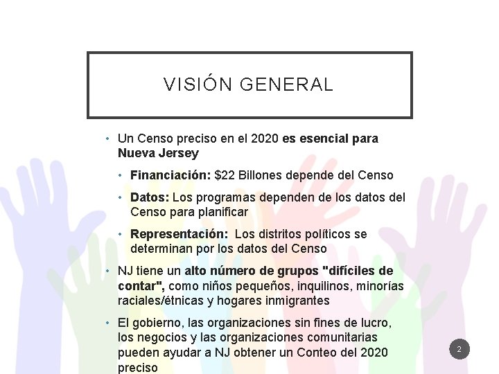 VISIÓN GENERAL • Un Censo preciso en el 2020 es esencial para Nueva Jersey