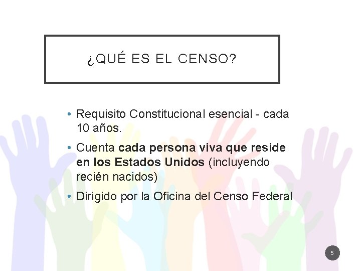 ¿QUÉ ES EL CENSO? • Requisito Constitucional esencial - cada 10 años. • Cuenta