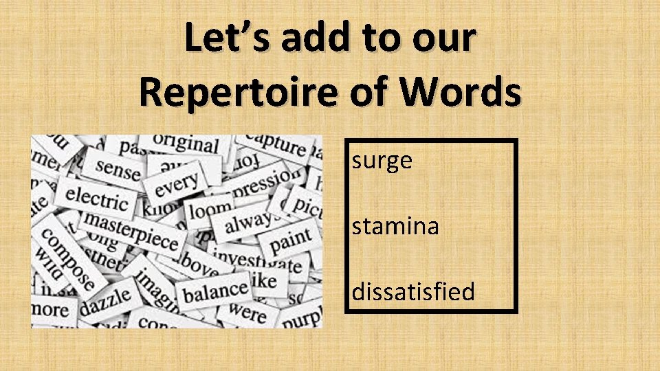 Let’s add to our Repertoire of Words surge stamina dissatisfied 